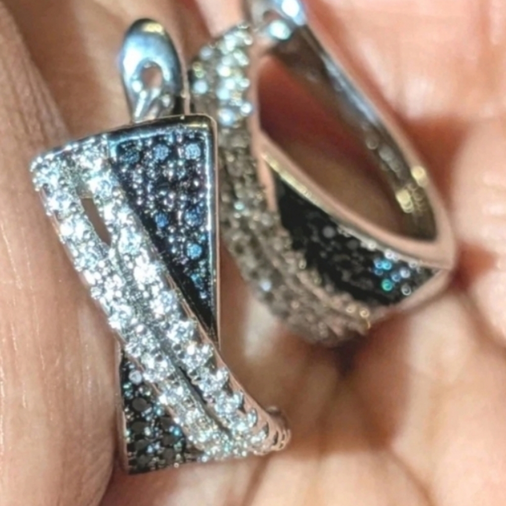 Lab Created Black Diamond Cluster Crossover Hoop Earrings 14k White Gold Plated - Picture 13 of 16